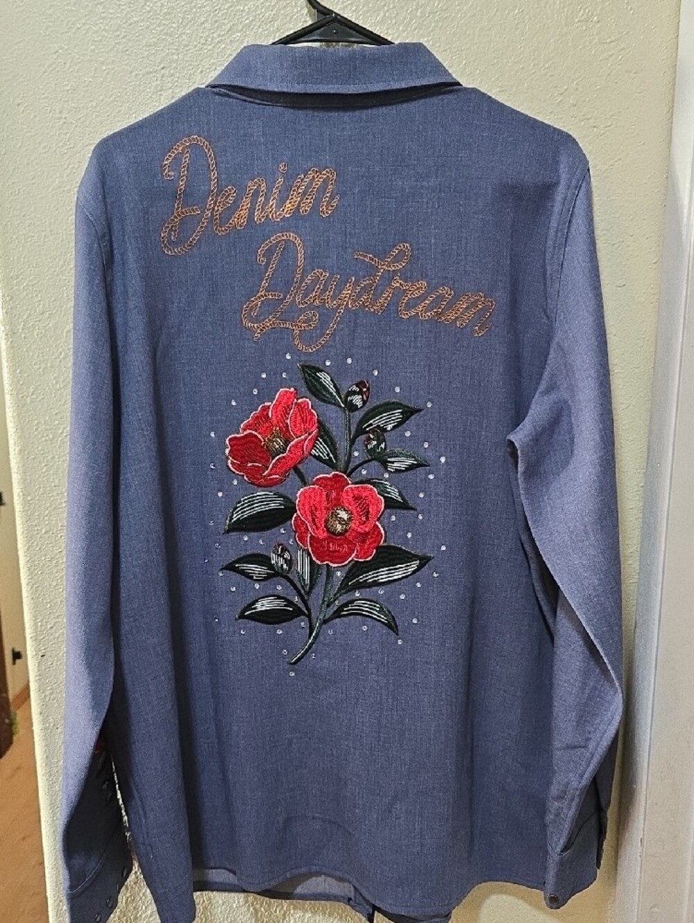 Rodeo Quincy Women's Blue Embroidered Western Shirt with Red Floral Accents - Picture 4 of 4